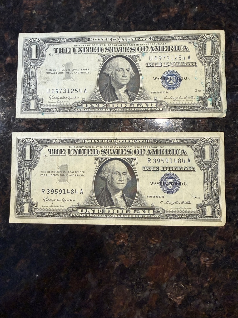 Vintage Circulated One Dollar Silver Certificates - 1957B